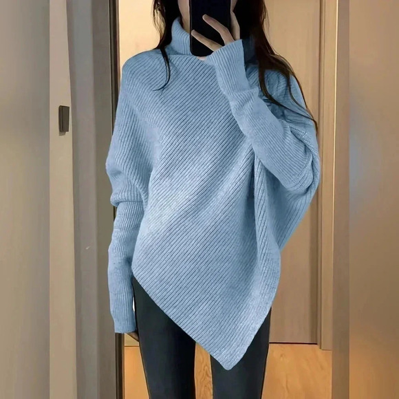 Sweaters - Women's Solid Color High Neck Batwing Sleeve Sweater